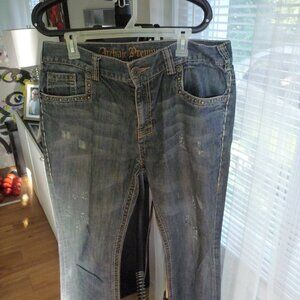 Y2K ARCHAIC PREMIUM BLUE DISTRESSED FLAP EMBROIDERED STRAIGHT LEG MENJEAN 36/34